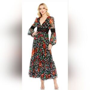 Mac Duggal V-NECK FLORAL LONG PUFF SLEEVE RUFFLE DRESS NWOT size 16 (11402)